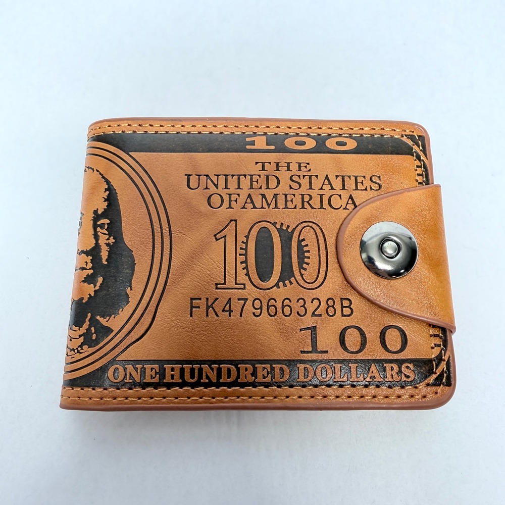Mens 100 Dollar Bill Print Bifold Wallet Tan Faux Leather Snap Closure Novelty